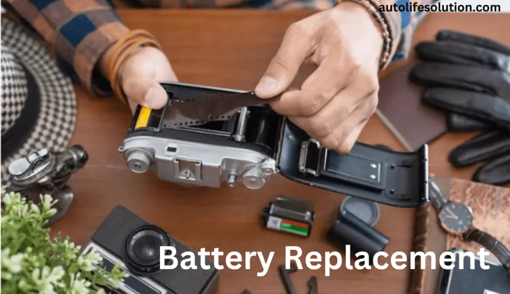 A series of images depicting the step-by-step process to replace the battery in a Blink camera