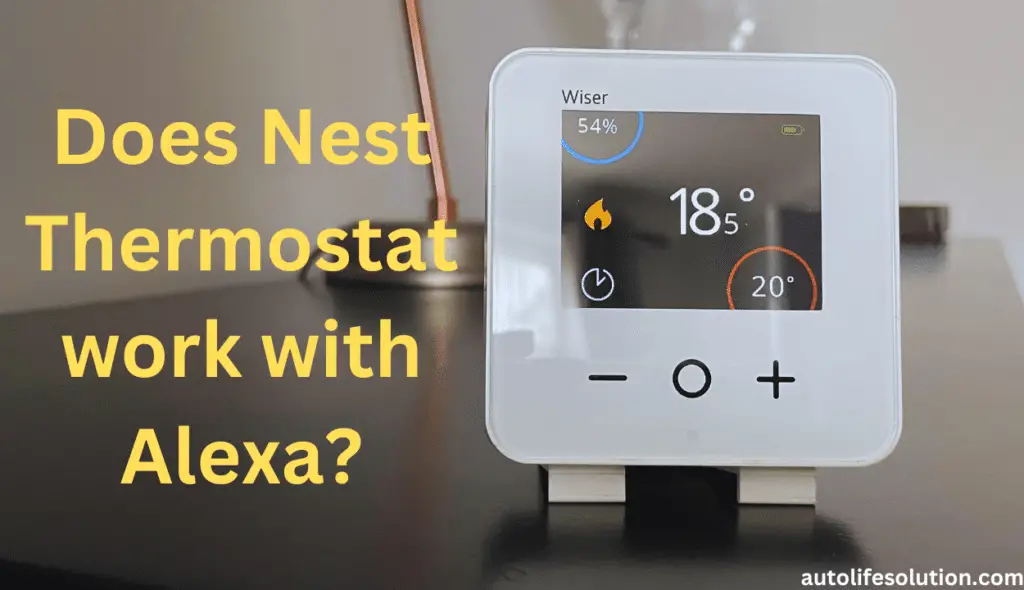 a person examining a Nest Thermostat and an Amazon Echo device, suggesting troubleshooting tips for integrating Nest Thermostat with Alexa